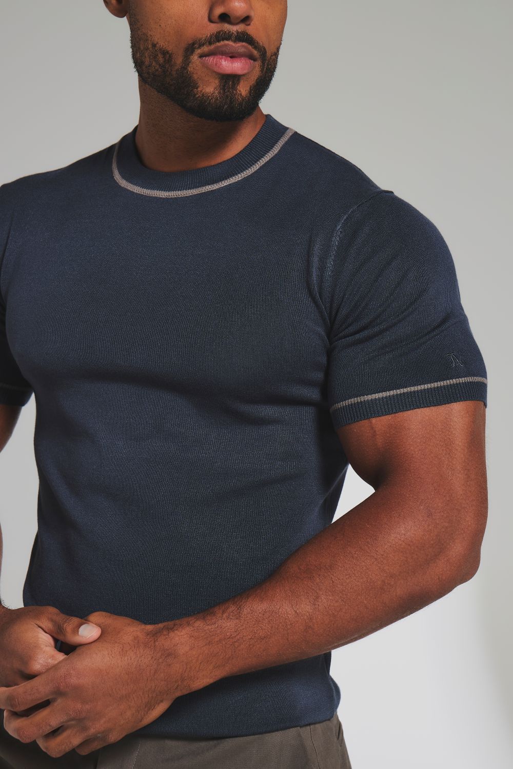 Contrast Tipped Knitted T-Shirt in Steel Blue and Grey