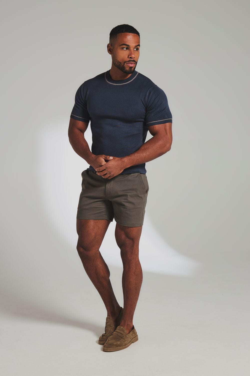 Contrast Tipped Knitted T-Shirt in Steel Blue and Grey
