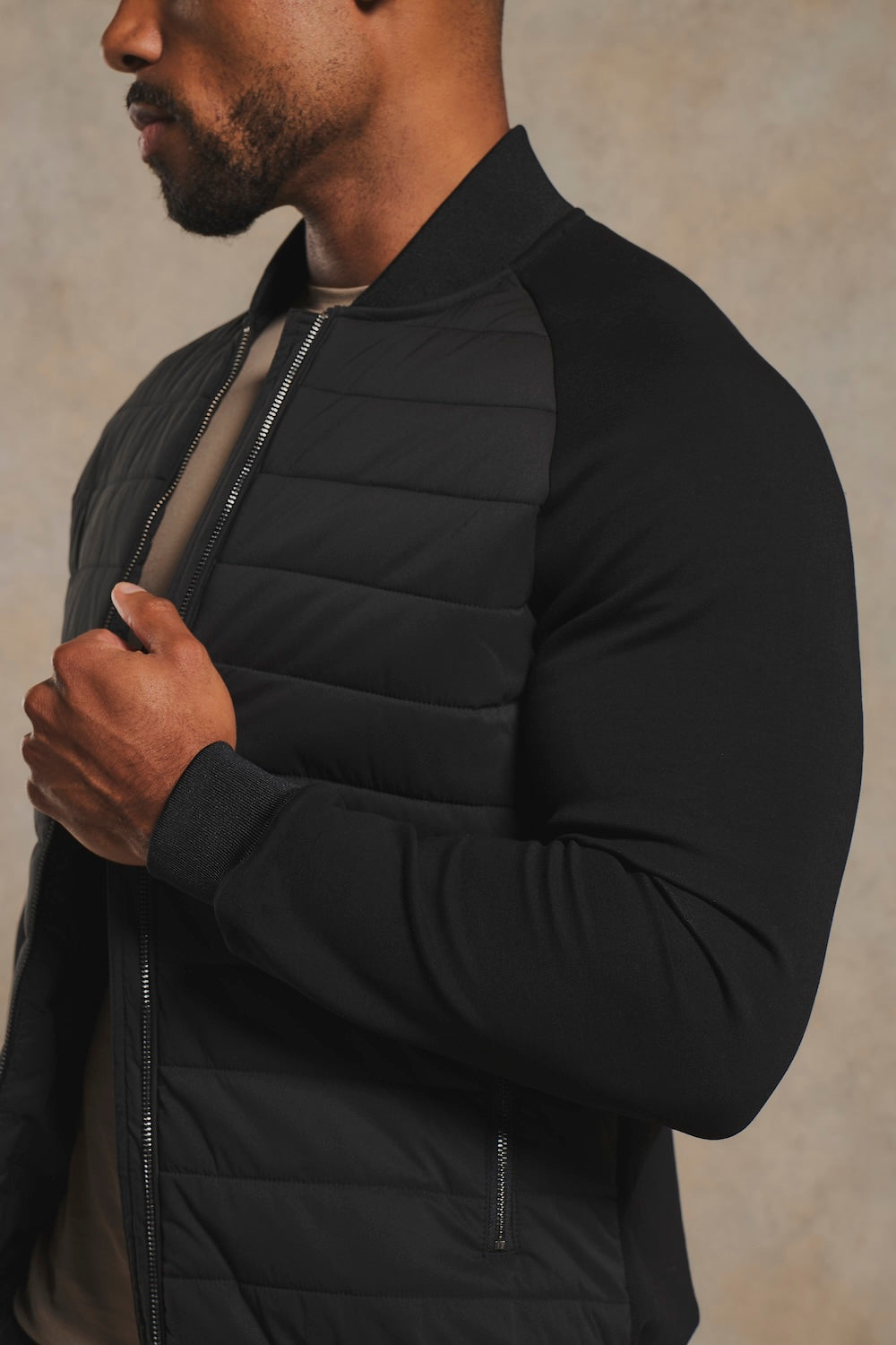 Hybrid Quilt and Jersey Zip Through Jacket in Black