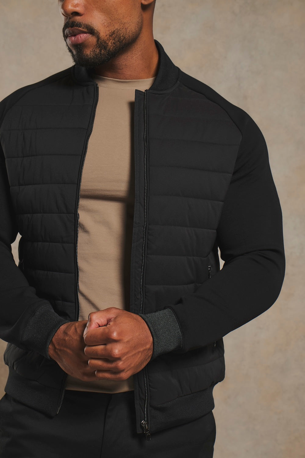 Hybrid Quilt and Jersey Zip Through Jacket in Black
