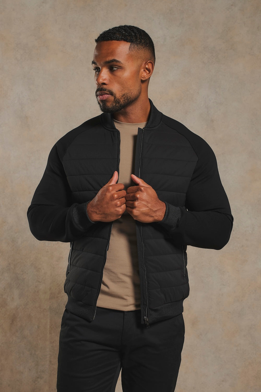 Hybrid Quilt and Jersey Zip Through Jacket in Black