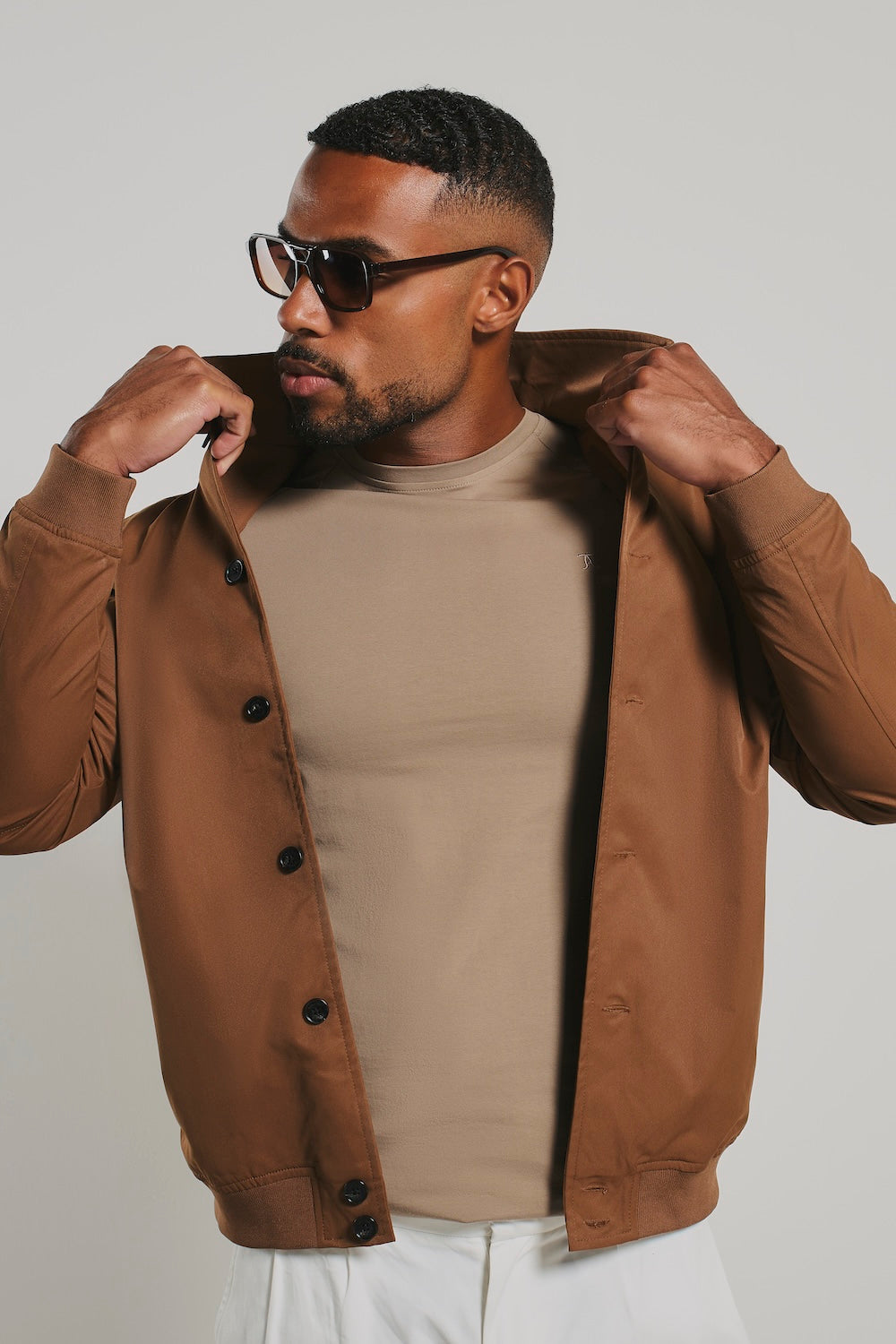 Shower Resistant Button Through Bomber Jacket in Chestnut