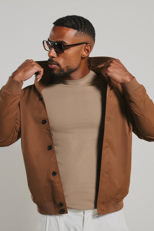 Shower Resistant Button Through Bomber Jacket in Chestnut