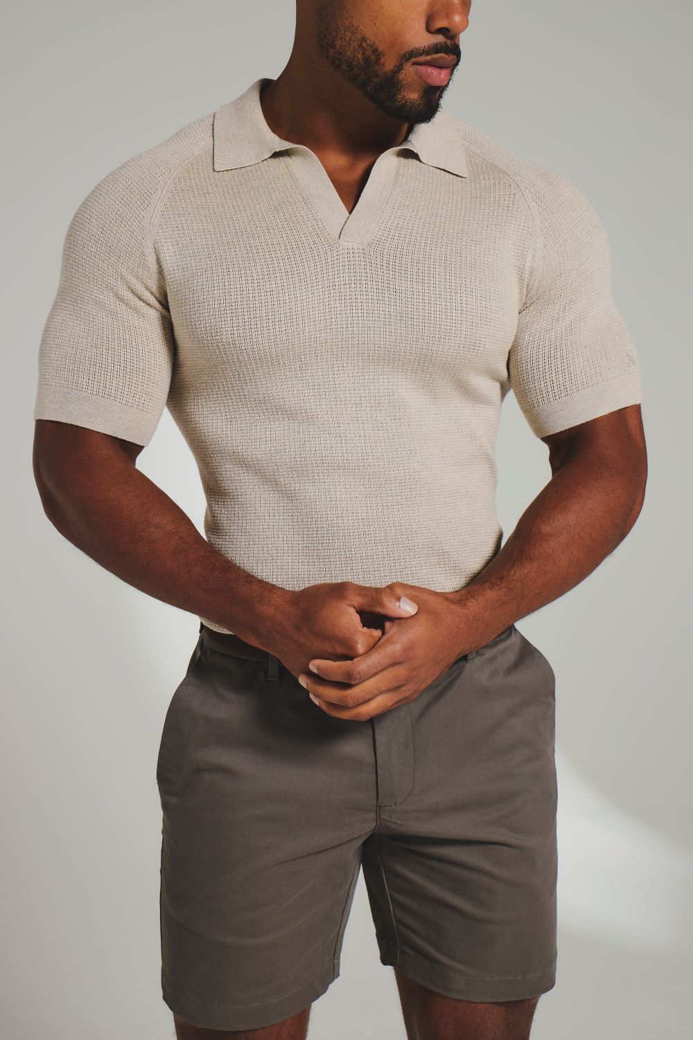 Square Textured Knitted Open Collar Polo Shirt in Wheat Marl