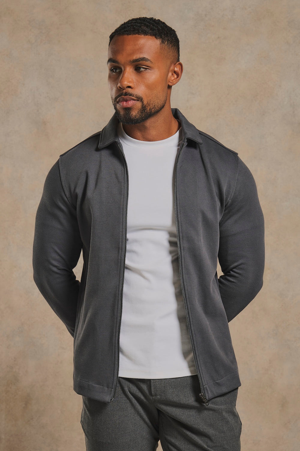 Twill Jersey Zip Through Shacket in Charcoal