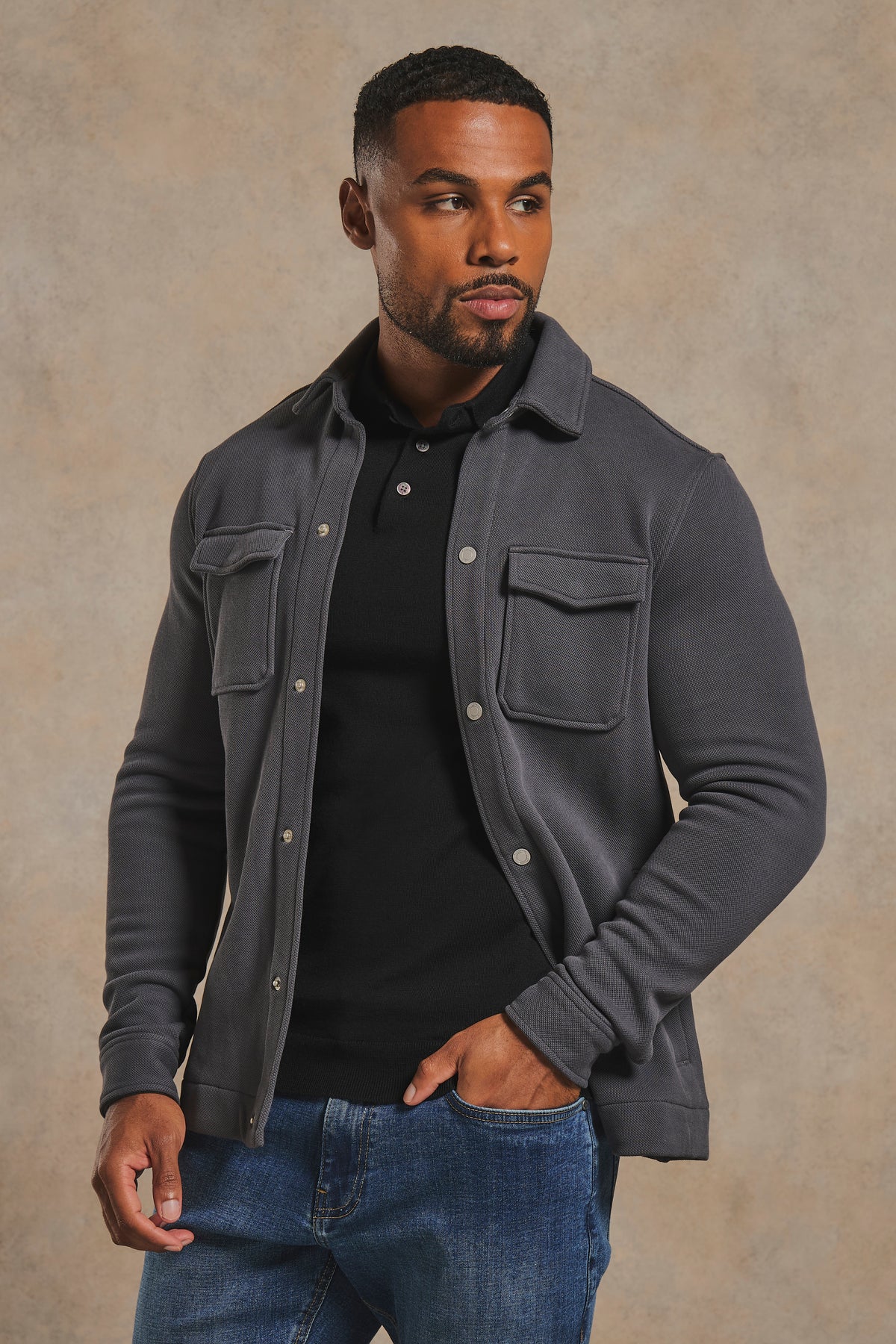 Textured Jersey Shacket in Charcoal