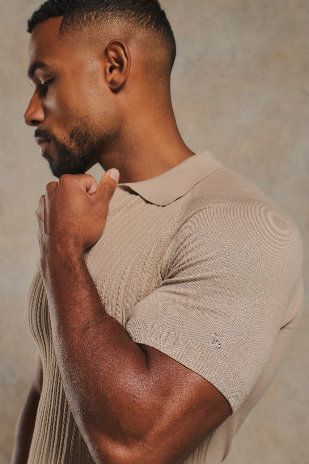 Fine Cable Knitted Open Collar Polo Shirt in Light Taupe
