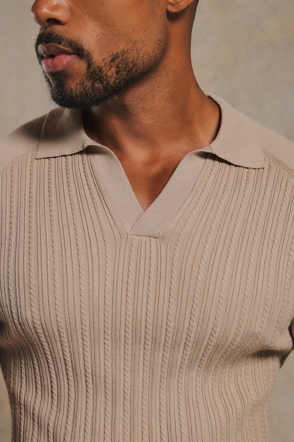 Fine Cable Knitted Open Collar Polo Shirt in Light Taupe