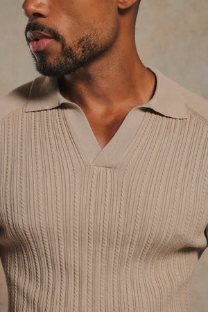 Fine Cable Knitted Open Collar Polo Shirt in Light Taupe