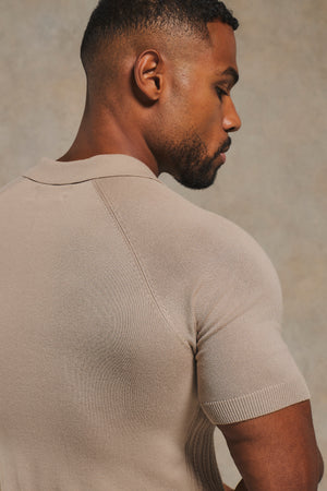 Fine Cable Knitted Open Collar Polo Shirt in Light Taupe