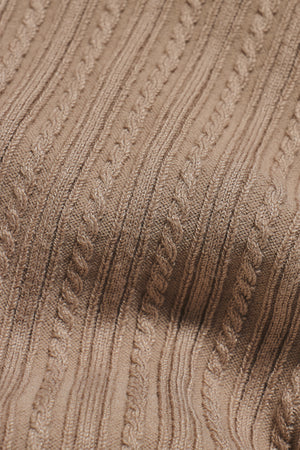 Fine Cable Knitted Open Collar Polo Shirt in Light Taupe