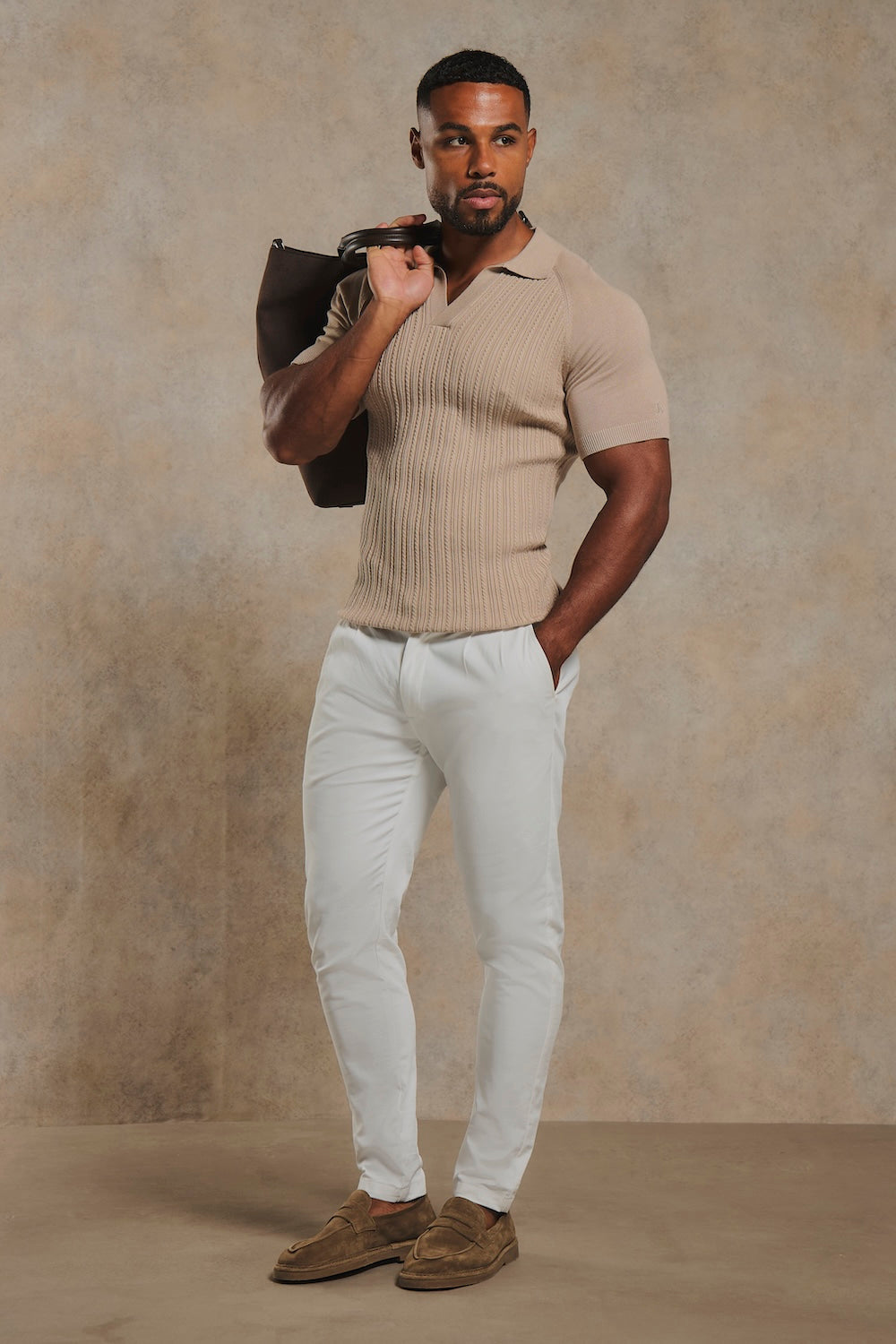 Fine Cable Knitted Open Collar Polo Shirt in Light Taupe