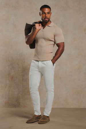 Fine Cable Knitted Open Collar Polo Shirt in Light Taupe