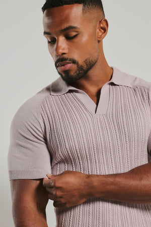 Fine Cable Knitted Open Collar Polo Shirt in Dusky Pink