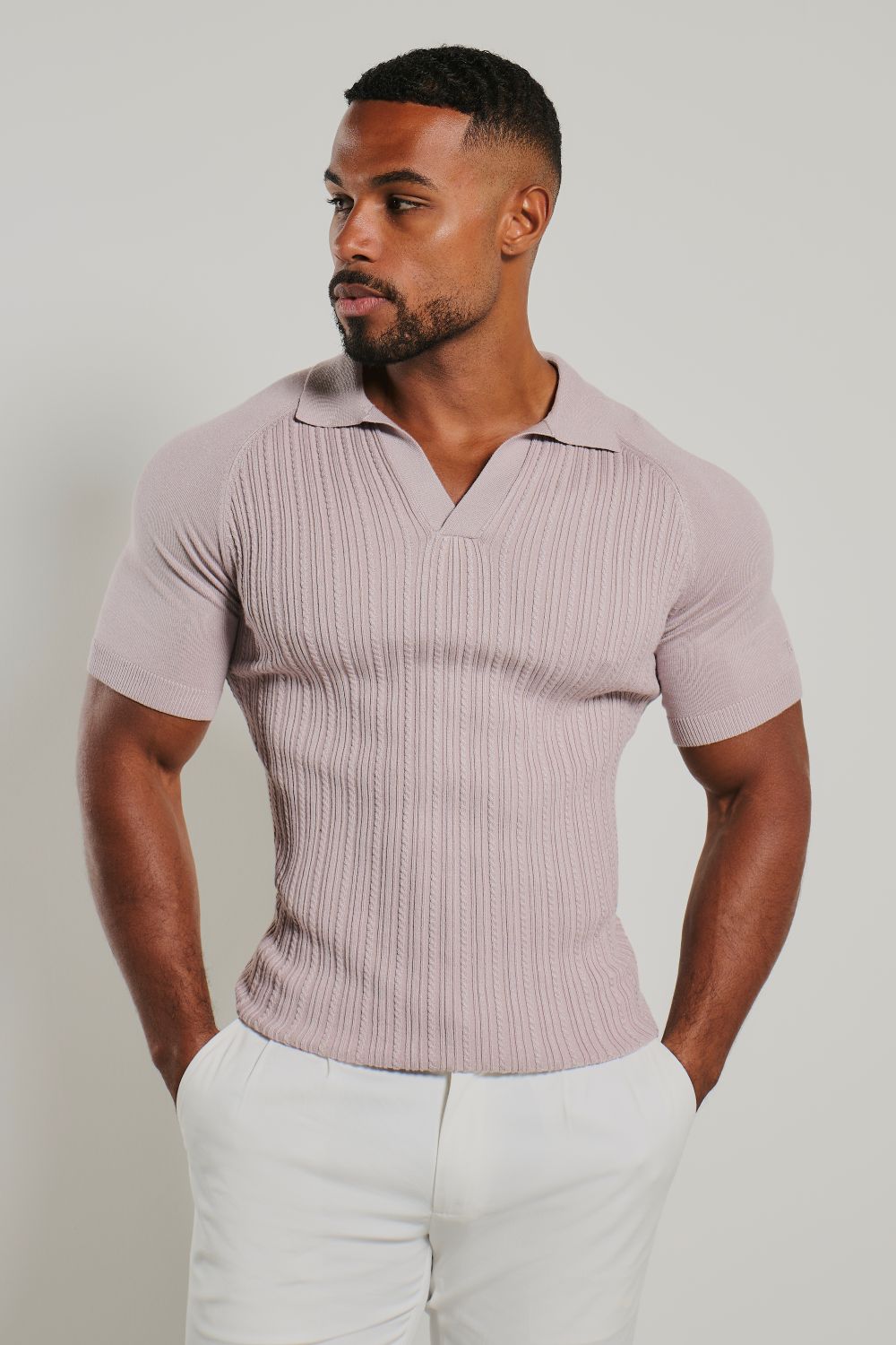 Fine Cable Knitted Open Collar Polo Shirt in Dusky Pink