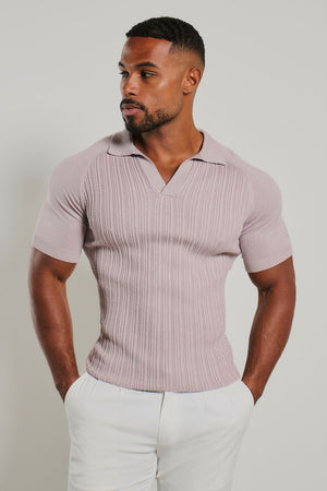 Fine Cable Knitted Open Collar Polo Shirt in Dusky Pink
