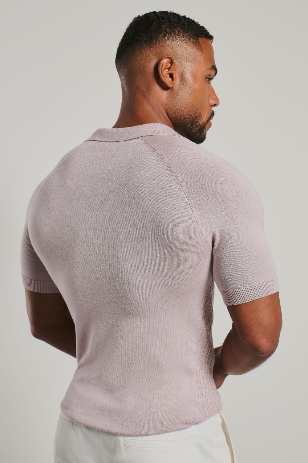Fine Cable Knitted Open Collar Polo Shirt in Dusky Pink