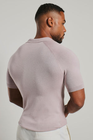 Fine Cable Knitted Open Collar Polo Shirt in Dusky Pink