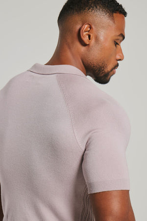 Fine Cable Knitted Open Collar Polo Shirt in Dusky Pink
