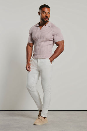 Fine Cable Knitted Open Collar Polo Shirt in Dusky Pink