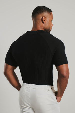 Textured Knitted V-Neck Open Collar Polo Shirt in Black