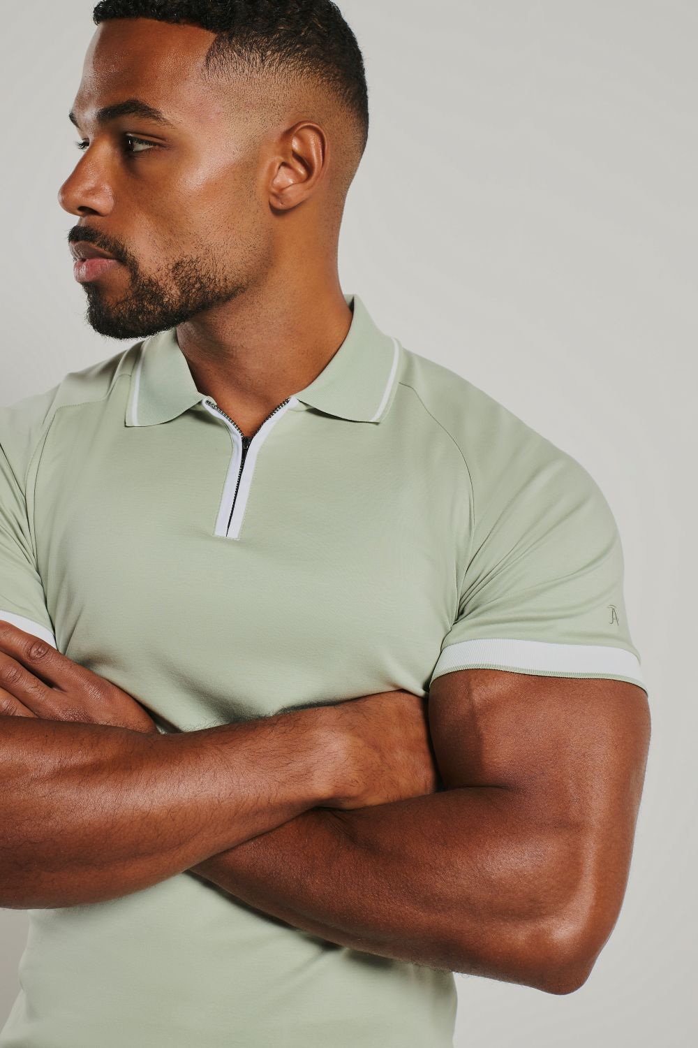 Mercerised Cotton Tipped Zip Neck Polo Shirt in Sage and White