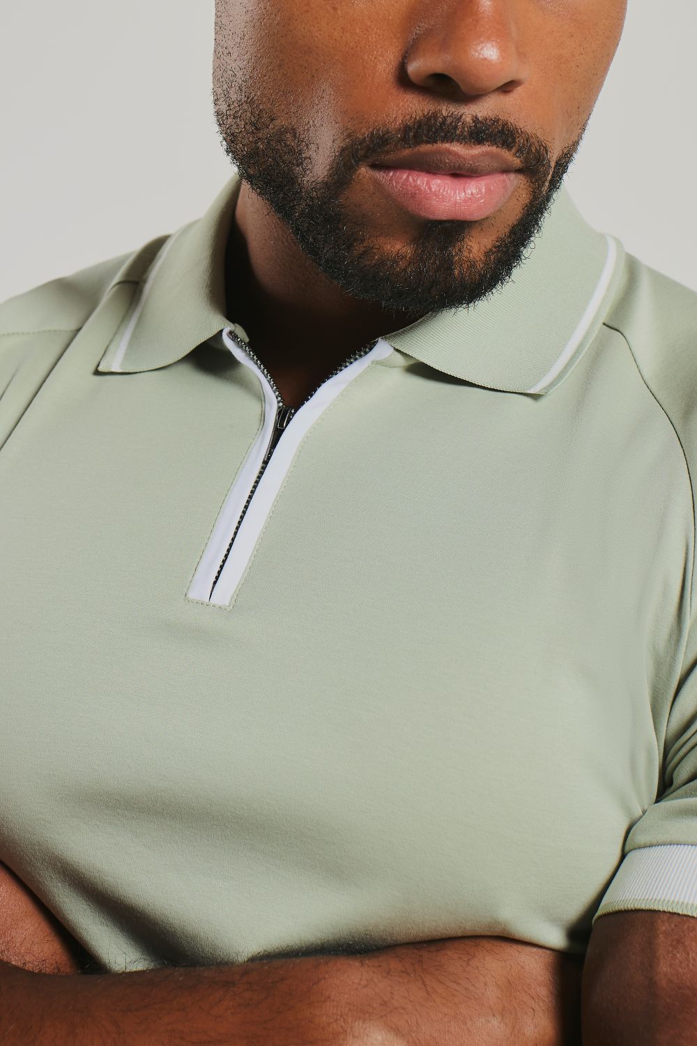 Mercerised Cotton Tipped Zip Neck Polo Shirt in Sage and White