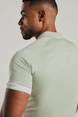 Mercerised Cotton Tipped Zip Neck Polo Shirt in Sage and White