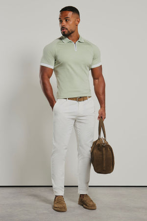 Mercerised Cotton Tipped Zip Neck Polo Shirt in Sage and White