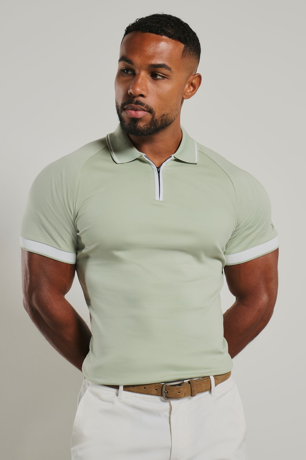 Mercerised Cotton Tipped Zip Neck Polo Shirt in Sage and White