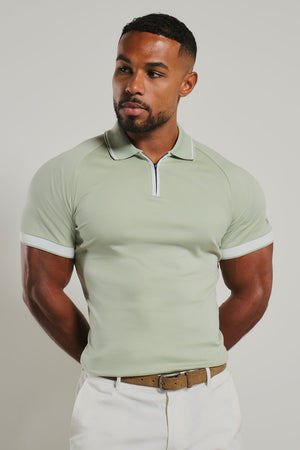 Mercerised Cotton Tipped Zip Neck Polo Shirt in Sage and White