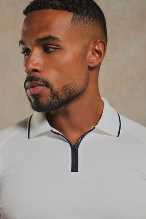 Mercerised Cotton Tipped Zip Neck Polo Shirt in White and Navy