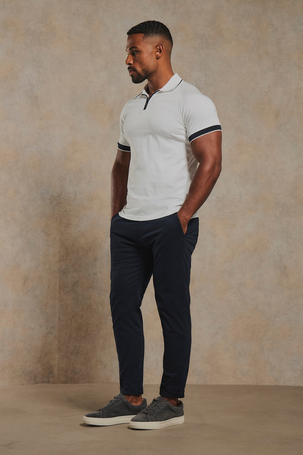 Mercerised Cotton Tipped Zip Neck Polo Shirt in White and Navy