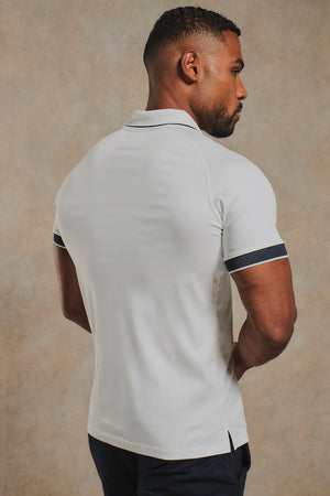 Mercerised Cotton Tipped Zip Neck Polo Shirt in White and Navy