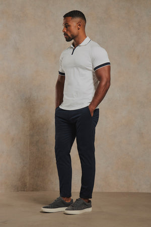 Mercerised Cotton Tipped Zip Neck Polo Shirt in White and Navy