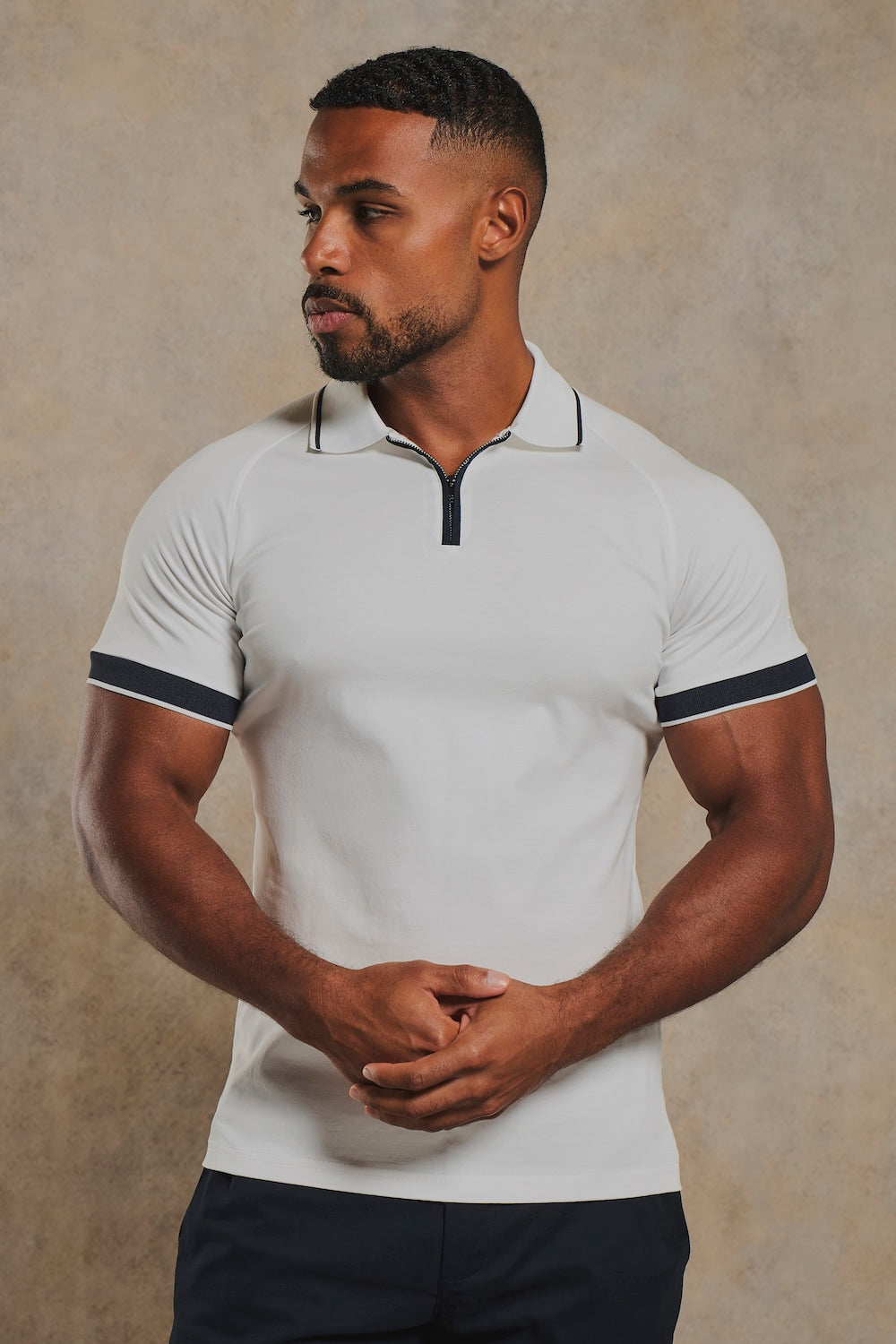 Mercerised Cotton Tipped Zip Neck Polo Shirt in White and Navy