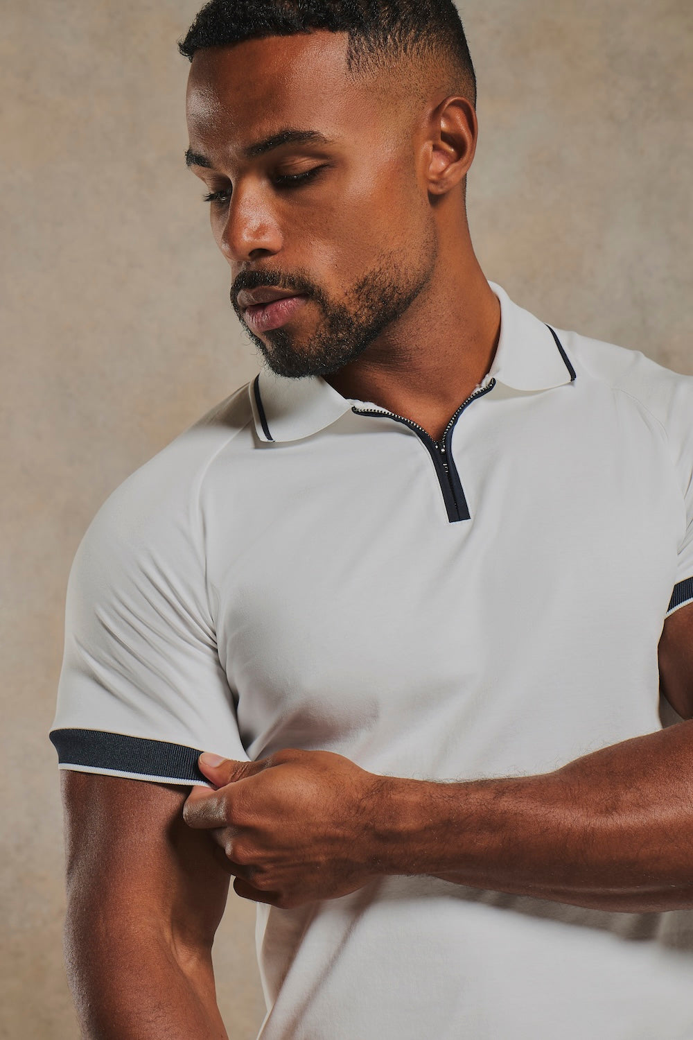 Mercerised Cotton Tipped Zip Neck Polo Shirt in White and Navy