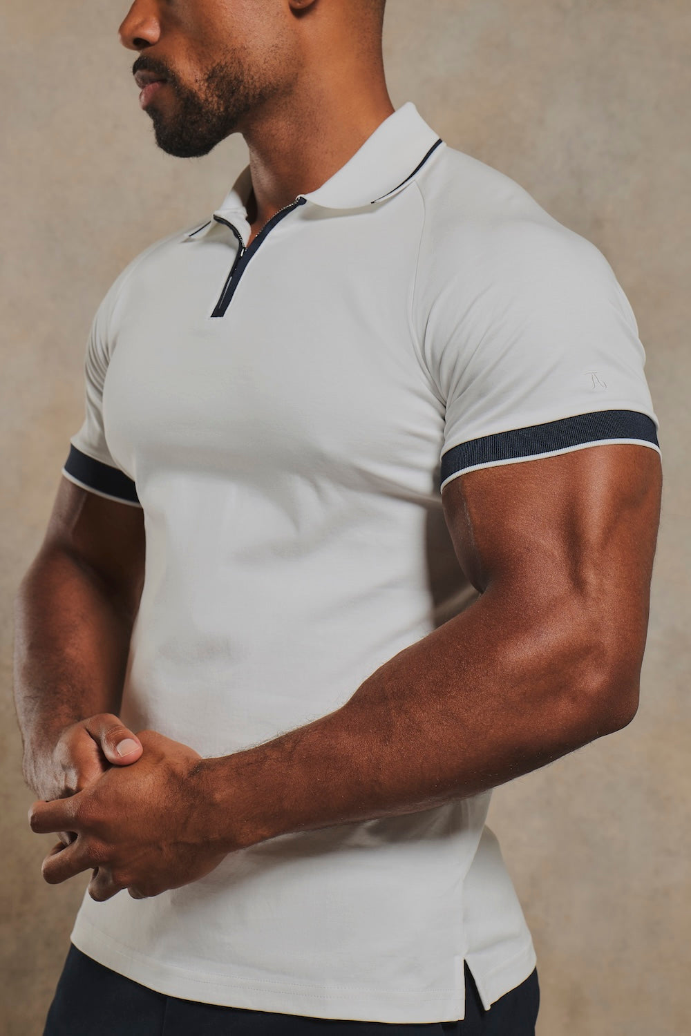 Mercerised Cotton Tipped Zip Neck Polo Shirt in White and Navy