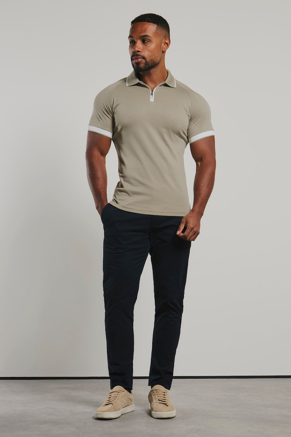 Mercerised Cotton Tipped Zip Neck Polo Shirt in Stone and White