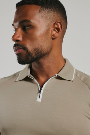 Mercerised Cotton Tipped Zip Neck Polo Shirt in Stone and White