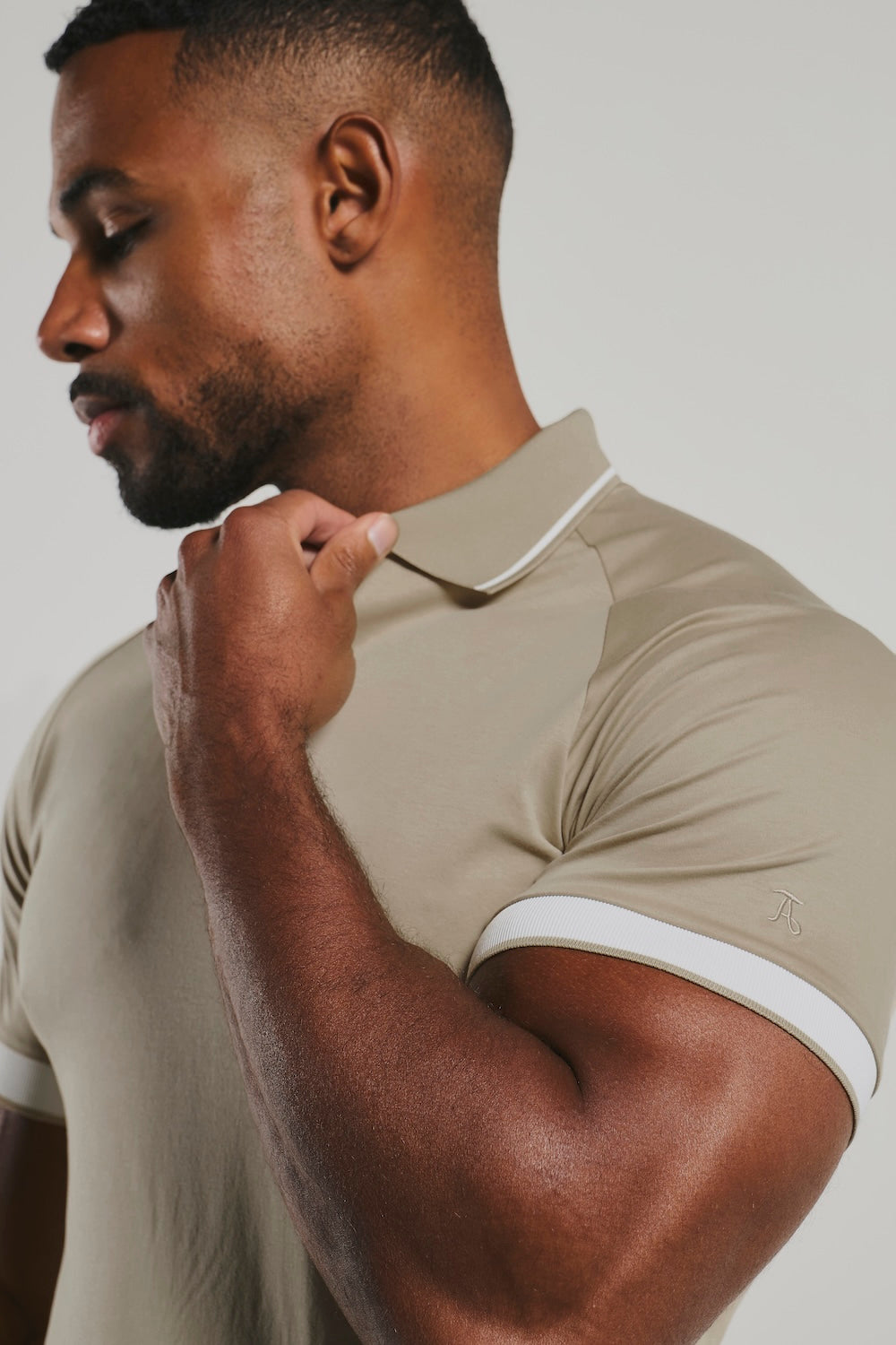 Mercerised Cotton Tipped Zip Neck Polo Shirt in Stone and White