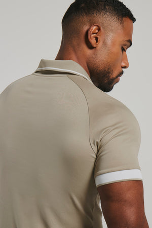 Mercerised Cotton Tipped Zip Neck Polo Shirt in Stone and White