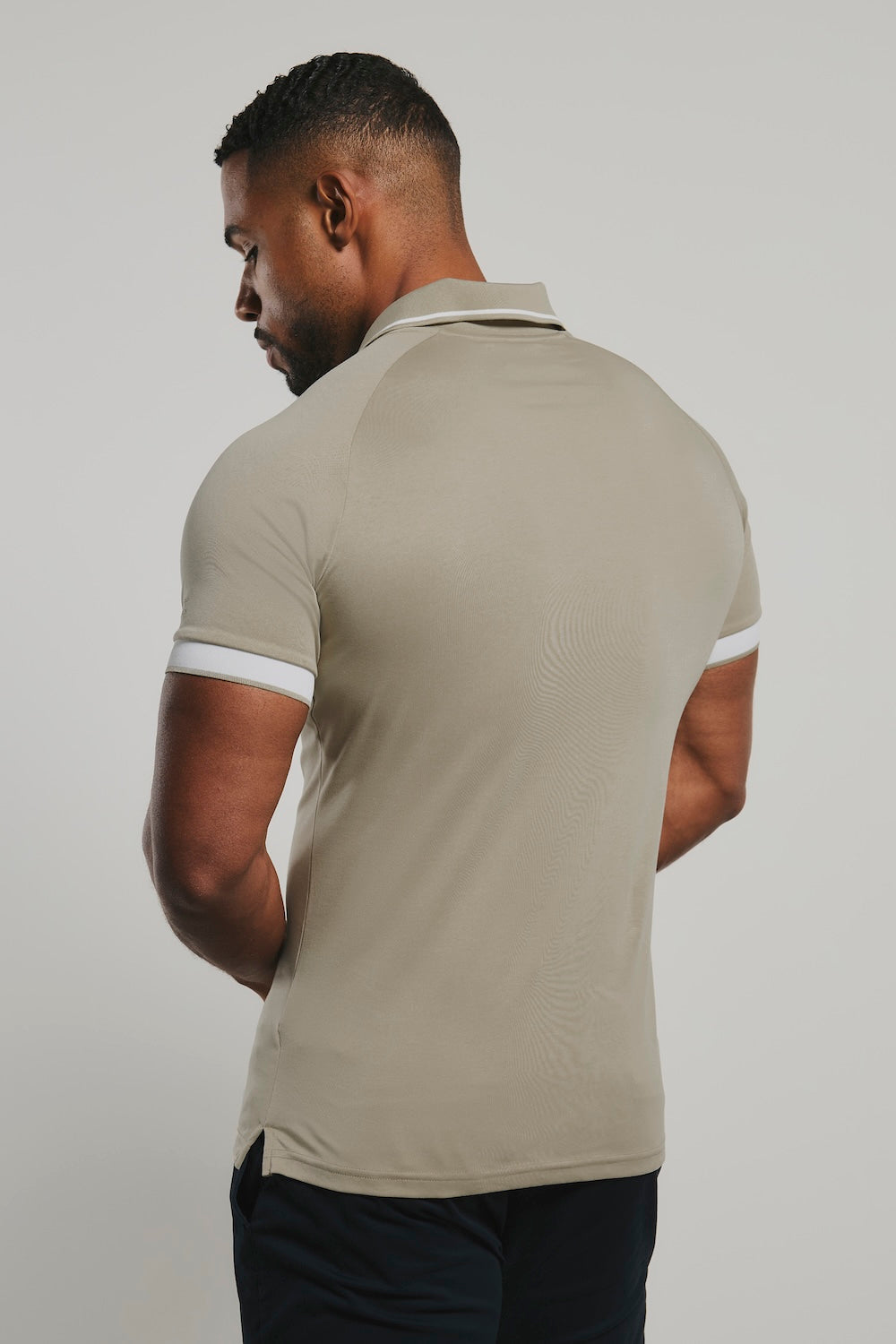 Mercerised Cotton Tipped Zip Neck Polo Shirt in Stone and White