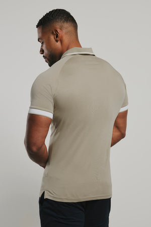 Mercerised Cotton Tipped Zip Neck Polo Shirt in Stone and White