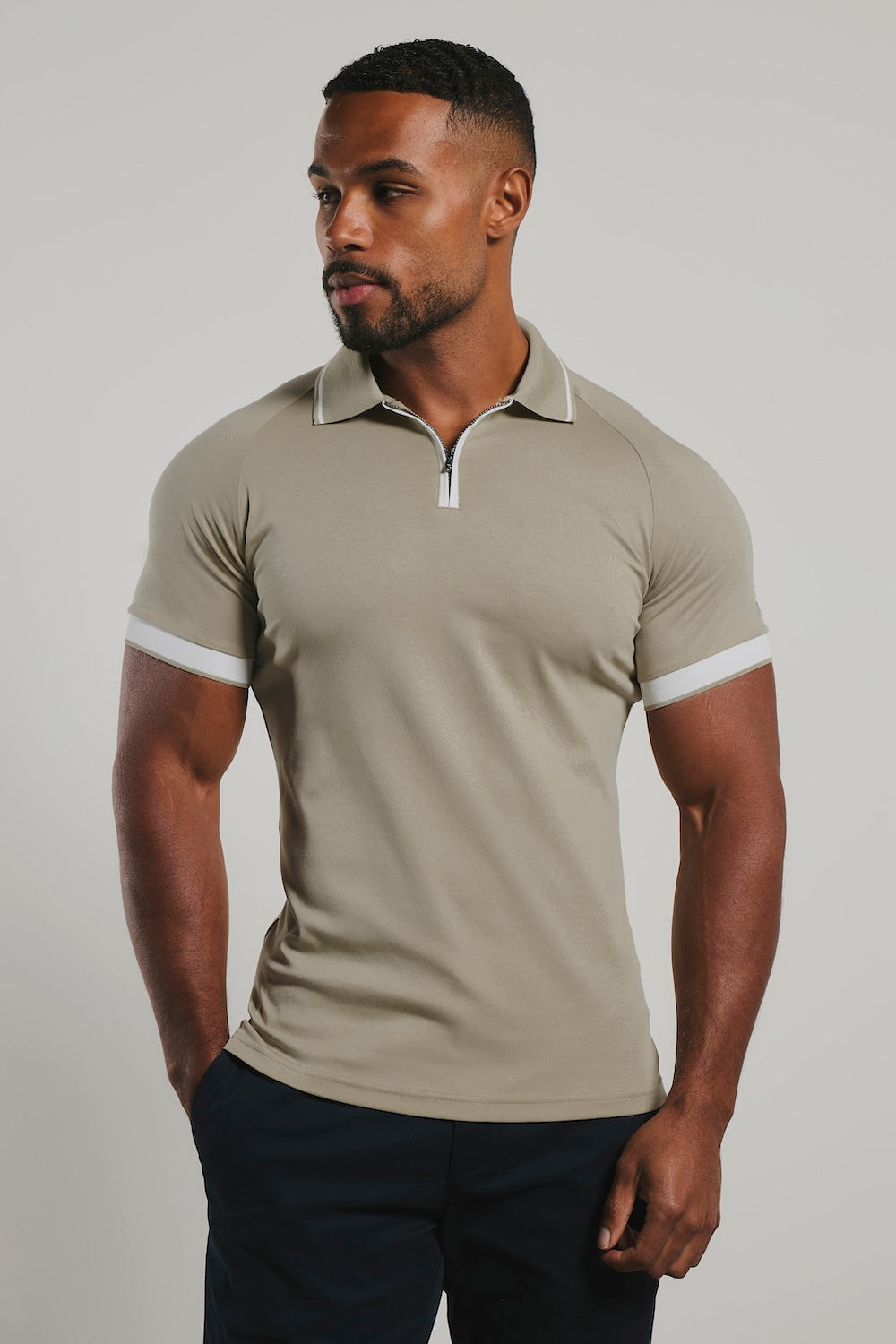 Mercerised Cotton Tipped Zip Neck Polo Shirt in Stone and White