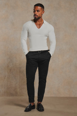 Textured Knitted V Neck Open Collar Polo Shirt in White