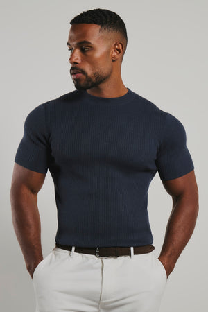 Soft Knitted Ribbed T-Shirt in Ink Blue
