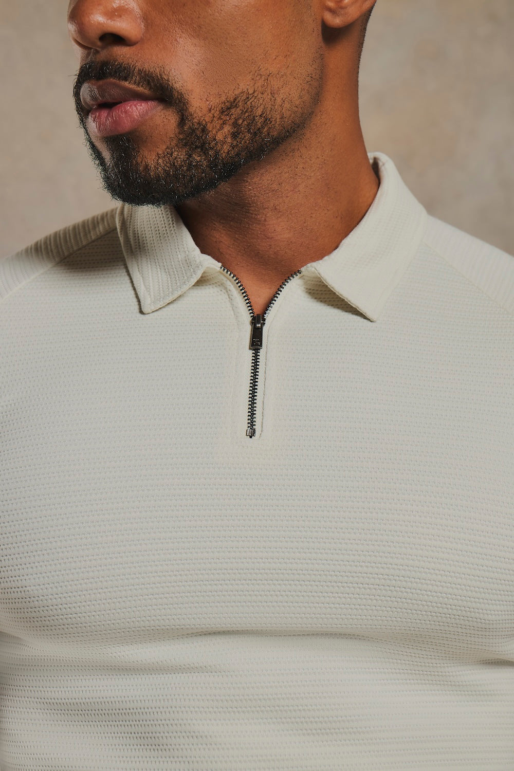 Textured Zip Neck Polo Shirt in Ecru