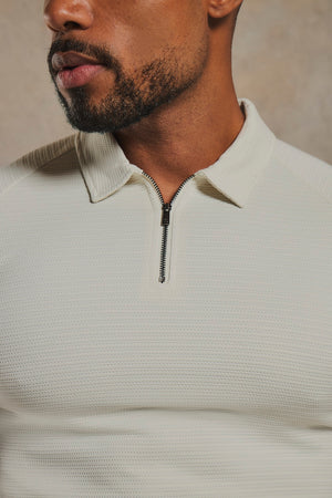 Textured Zip Neck Polo Shirt in Ecru
