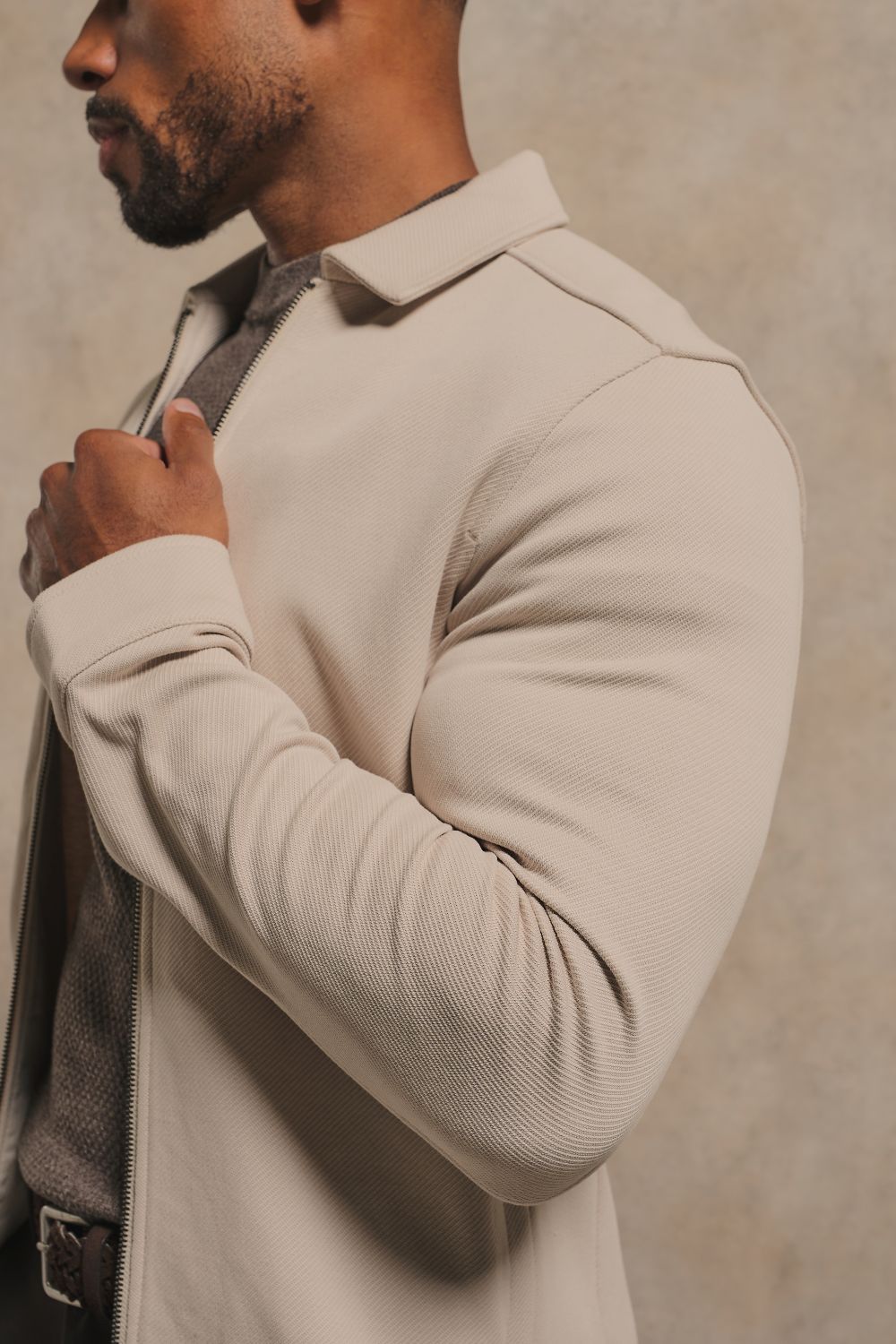 Twill Jersey Zip Through Shacket in Stone